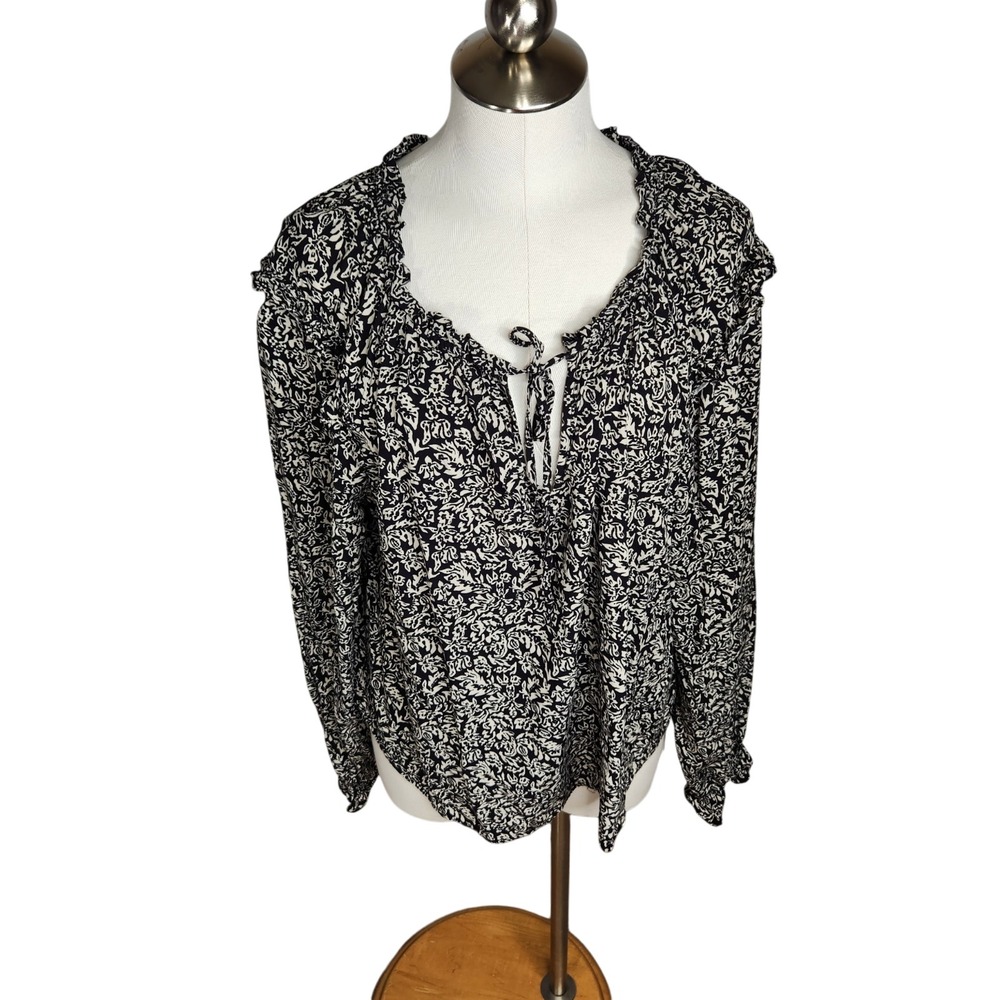 Gap Blouse Printed‎ Ruffle Split Neck Long Sleeve Black White Floral Size XL